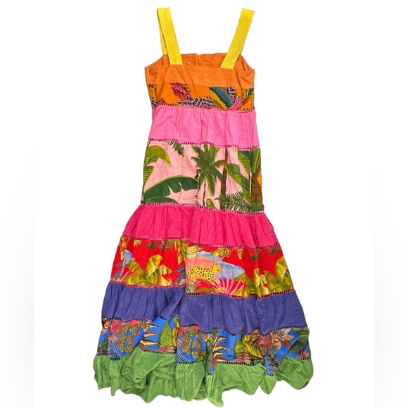 Farm Rio Rainbow Mixed Prints Maxi Dress Size Small Tiered Straps A Line Square - Picture 8 of 11